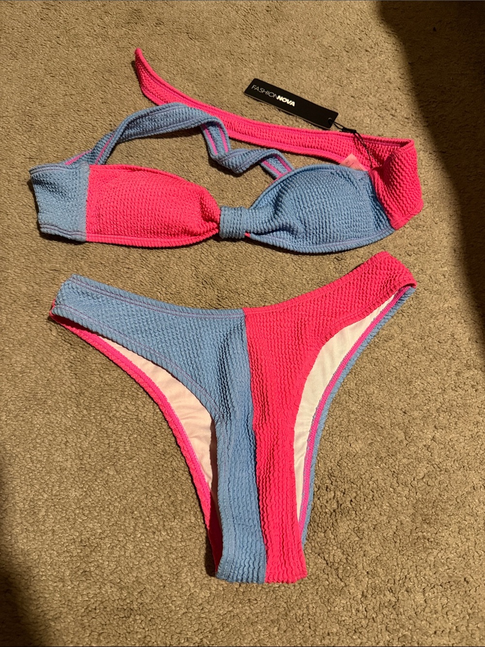 Fashion Nova Pink & Light Blue Colorblock Textured Bikini Set